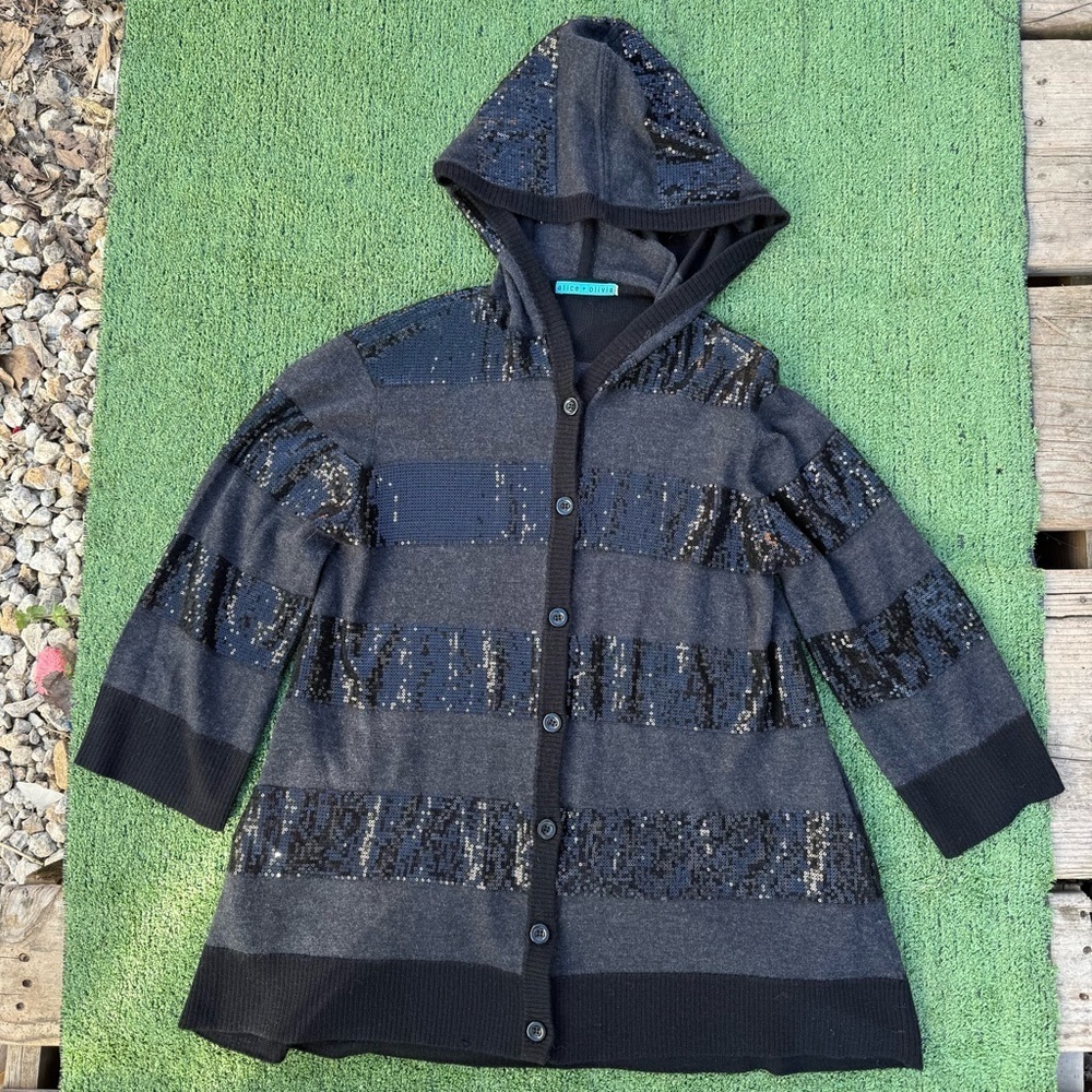 Alice + Olivia Black and Gray 100% Wool Sequin Hooded Button Cardigan Medium - Picture 7 of 10